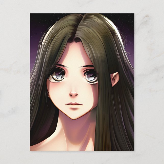 Niedliches Anime-Girl mit braunem Haar und blauen  Postkarte (Vorderseite)