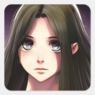 Niedliches Anime-Girl mit braunem Haar und blauen  Quadratischer Aufkleber