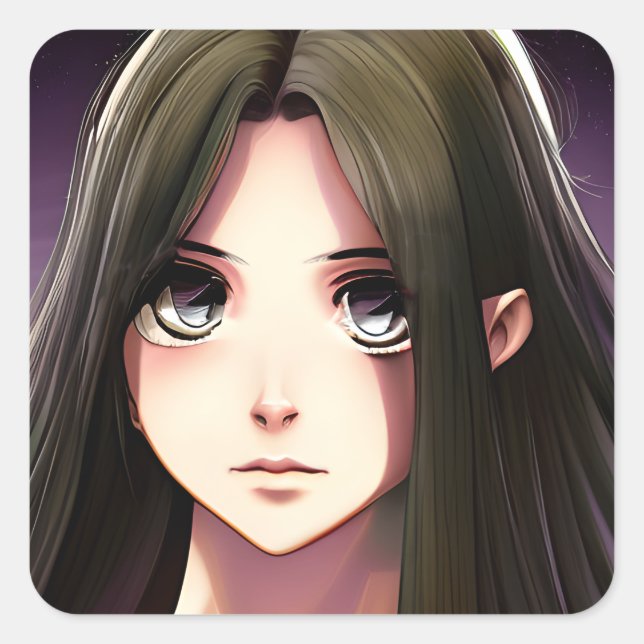 Niedliches Anime-Girl mit braunem Haar und blauen  Quadratischer Aufkleber (Vorderseite)