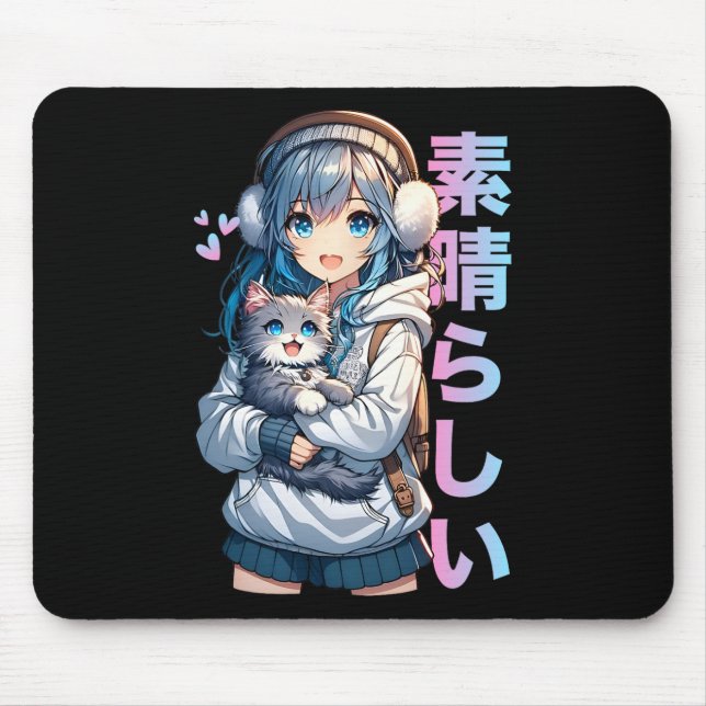 Niedliches Anime-Girl mit Katze für Katze Lover Ka Mousepad (Vorne)