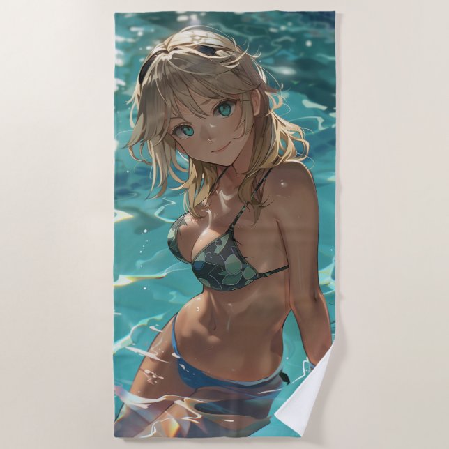 Niedliches Anime-Mädchen in einem Pool Strandtuch (Vorderseite)