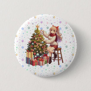 Niedliches Anime-Mädchen schneidet den Baum Button
