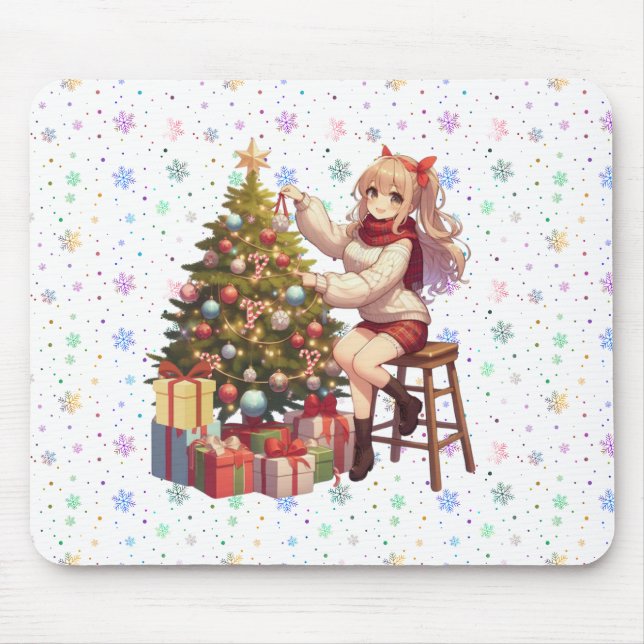 Niedliches Anime-Mädchen schneidet den Baum Mousepad (Vorne)