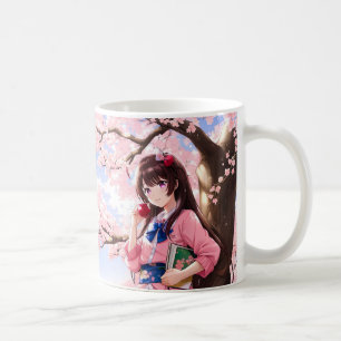 Niedliches Anime-Mädchen unter einem Kirschblossom Kaffeetasse