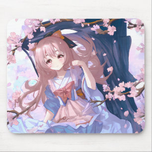 Niedliches Anime-Mädchen unter einem Kirschblossom Mousepad