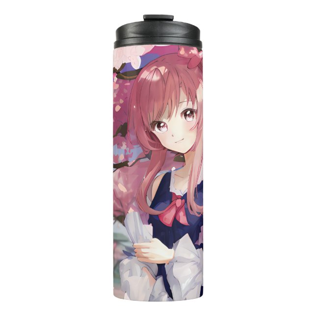 Niedliches Anime-Mädchen unter einem Kirschblossom Thermosbecher (Vorderseite)