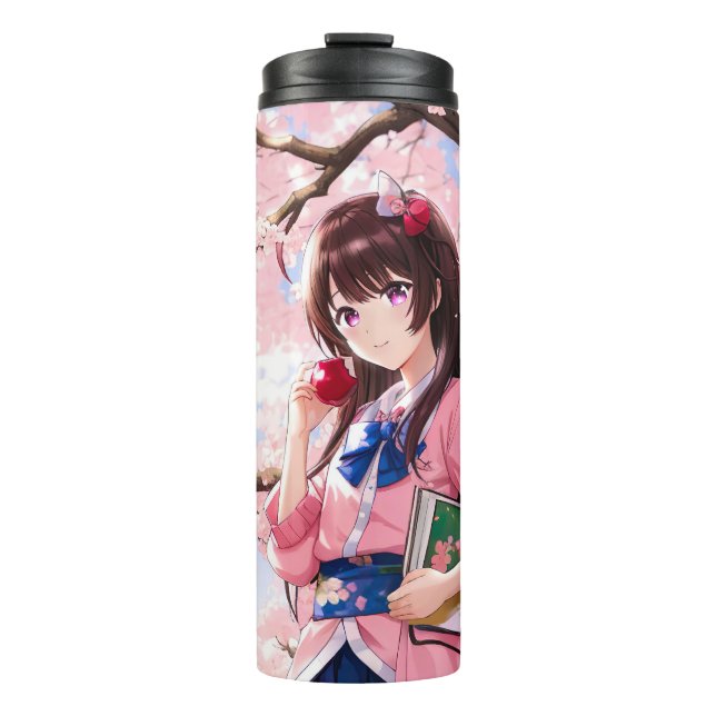 Niedliches Anime-Mädchen unter einem Kirschblossom Thermosbecher (Vorderseite)