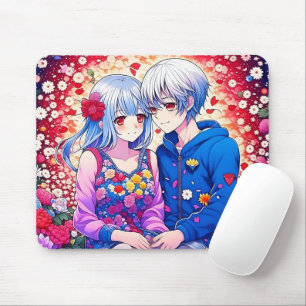 Niedliches Anime-Paar, Blume und Herz Mousepad