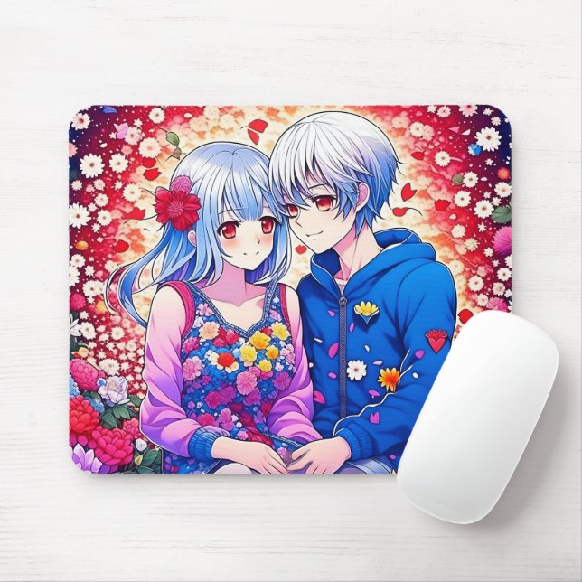 Niedliches Anime-Paar, Blume und Herz Mousepad (Mit Mouse)