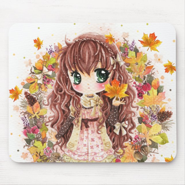 Niedliches Animemädchen mit Herbst-Blätter Mousepad (Vorne)