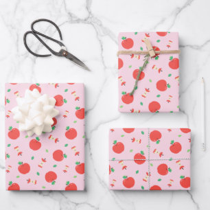 Niedliches Apfelmuster mit rosa Hintergrund Geschenkpapier Set