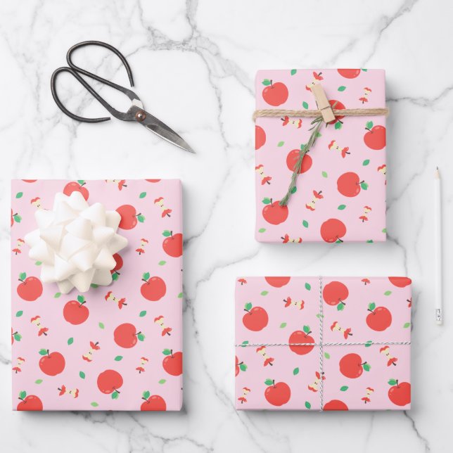 Niedliches Apfelmuster mit rosa Hintergrund Geschenkpapier Set (Vorderseite)