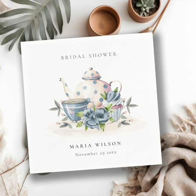 Niedliches Aqua Blue Floral Teapot Cups Brautparty Serviette (Von Creator hochgeladen)