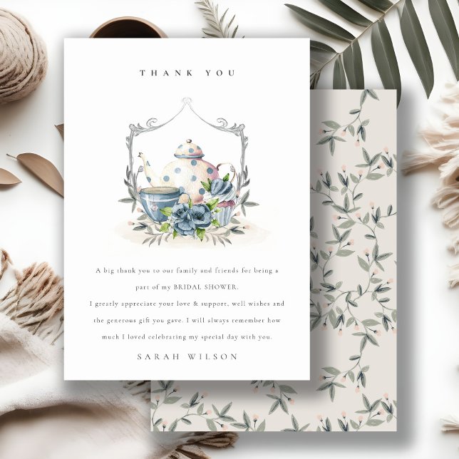 Niedliches Aqua Blue Floral Teapot Wappen Brautpar Dankeskarte (Von Creator hochgeladen)