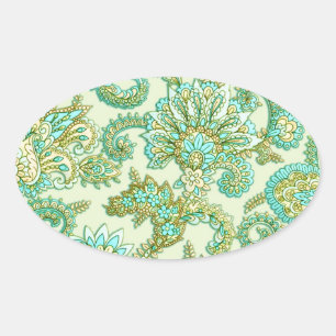 Niedliches Aqua Gold Paisley Blumenmuster Ovaler Aufkleber