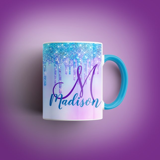 Niedliches Aqua Lila Unicorn Glitzer Tropfen Monog Tasse (Von Creator hochgeladen)