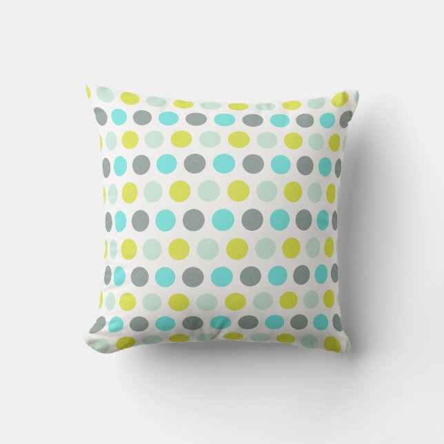 Niedliches Aqua Mint Blue Yellow Polka Dot Muster Kissen (Vorderseite)