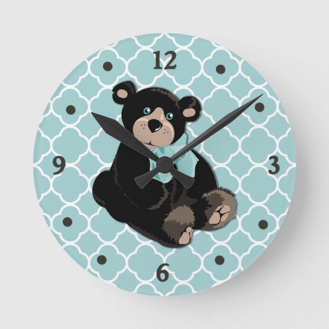 Niedliches Aqua und brauner Teddy Bear Wall Clock Runde Wanduhr (Vorderseite)