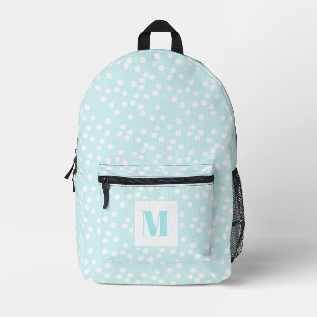 Niedliches Aqua & White Punkte Mit Monogramm Kinde Bedruckter Rucksack (Vorderseite)