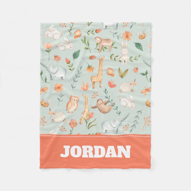 Niedliches Aquamarines Baby Animal Pasttern Muster Fleecedecke (Vorderseite)