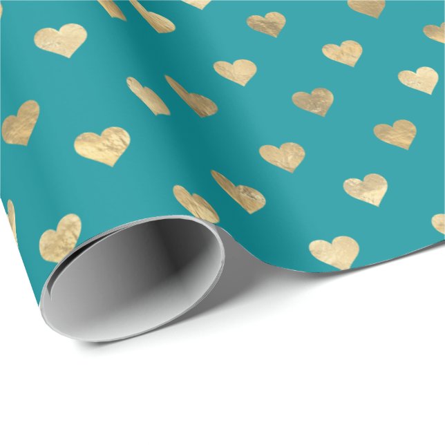 Niedliches Aquamarines Gold Hearts Musterpapier Geschenkpapier (Rolleneckpunkt)