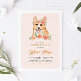 Niedliches Aquarell Corgi Peach Floral Kindergebur Einladung