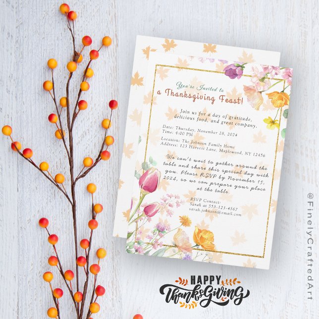 Niedliches Aquarell Gold Blumenstrauß Erntedank Einladung (Von Creator hochgeladen)