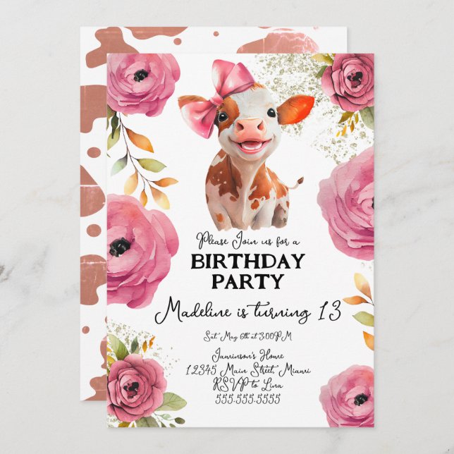 Niedliches Aquarell Kuh Geburtstag Pink Florals Einladung (Vorne/Hinten)