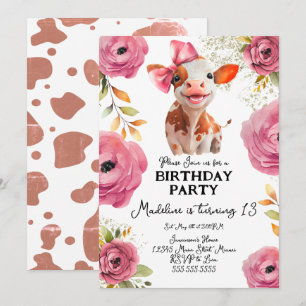 Niedliches Aquarell Kuh Geburtstag Pink Florals Einladung