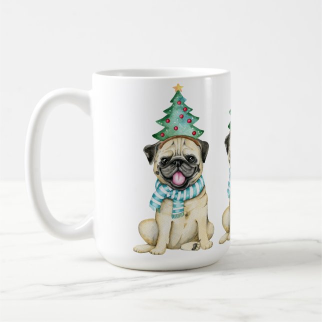 Niedliches Aquarell Mops Weihnachten Mops Kaffeetasse (Links)