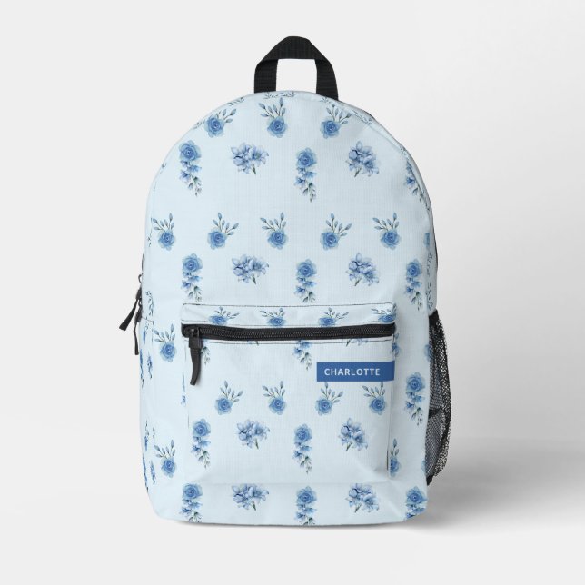 Niedliches Aquarellblau-Blumenmuster Bedruckter Rucksack (Vorderseite)