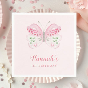 Niedliches Aquarellbutterfly 1. Geburtstag Party R Serviette