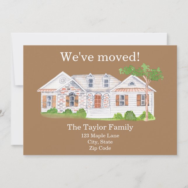 Niedliches Aquarellhaus Wir haben neue Zuhause Ann Ankündigung (Vorderseite)