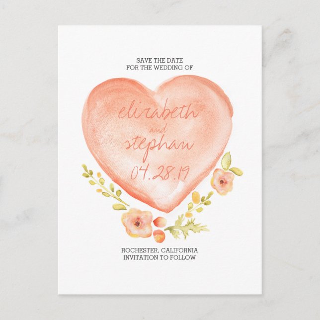 Niedliches Aquarellherz und Blume Save the Date Ankündigungspostkarte (Vorderseite)