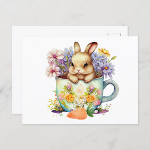 Niedliches Aquarellon Bunny in Blume Teezeremonie Postkarte