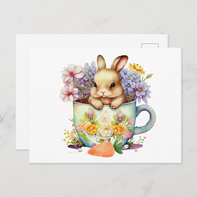 Niedliches Aquarellon Bunny in Blume Teezeremonie  Postkarte (Vorne/Hinten)