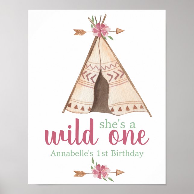 Niedliches Aquarellteepee Boho 1. Geburtstag Poster (Vorne)