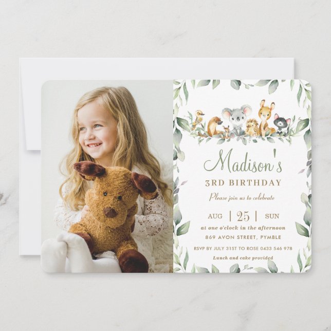 Niedliches australisches Tier Grüne Birthday Foto Einladung (Vorderseite)