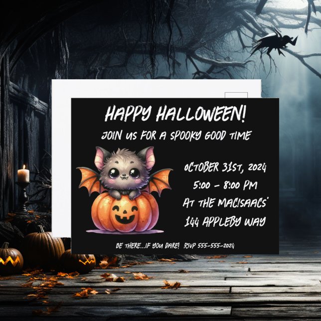 Niedliches Baby Bat Halloween-Party Einladung (Cute Happy Halloween Baby Bat Pumpkin illustration design)