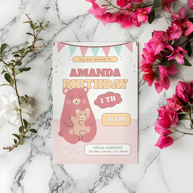 Niedliches Baby Bear 1. Geburtstag Einladung (Von Creator hochgeladen)