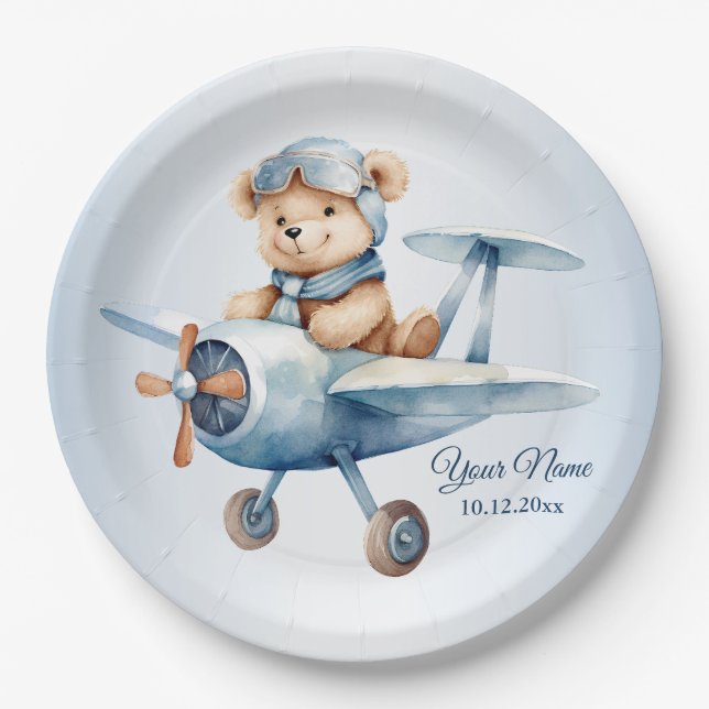 Niedliches Baby Bear Pilot Blue Airplane Pappteller (Vorderseite)