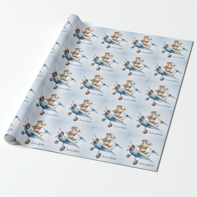 Niedliches Baby Bear Pilot Blue Flugzeug Schöne Geschenkpapier (Ungerollt)