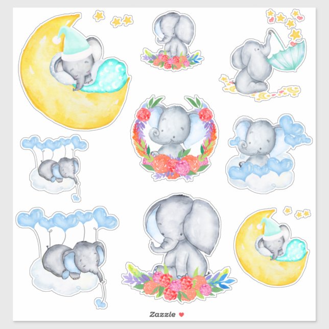 Niedliches Baby Boy Elephants Set 9 Vinyl Aufkleber (Blatt)
