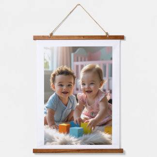 Niedliches Baby Boy & Girl Spielen in einem sonnig Wandteppich Mit Holzrahmen