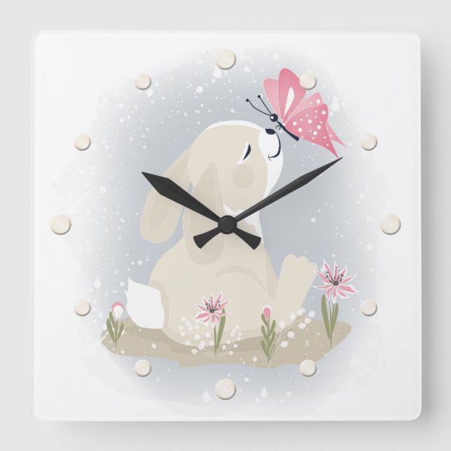 Niedliches Baby Bunny und Schmetterling. Quadratische Wanduhr (Vorderseite)