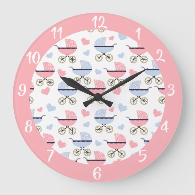 Niedliches Baby Carriage Blue Pink Muster Kinderzi Große Wanduhr (Vorderseite)