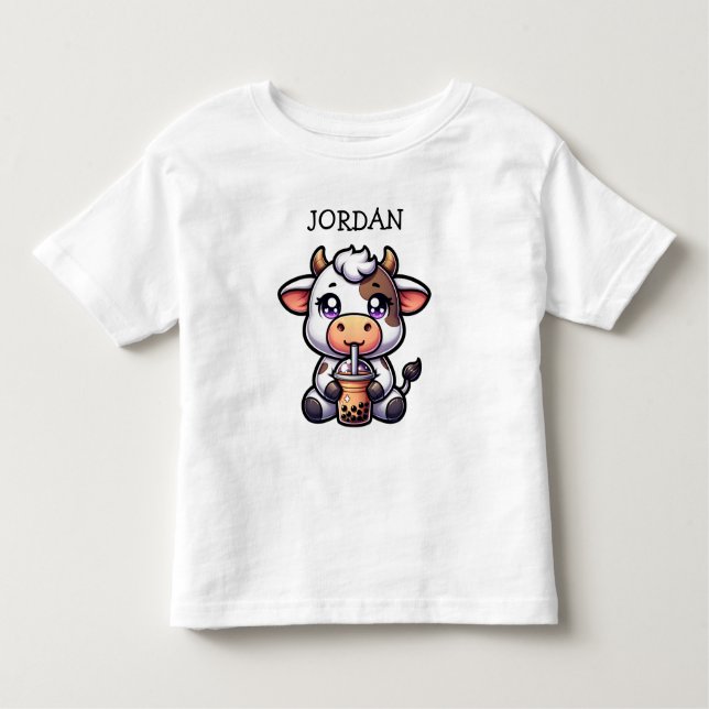 Niedliches Baby Cow trinken Boba Kawaii Cartoon Kleinkind T-shirt (Vorderseite)