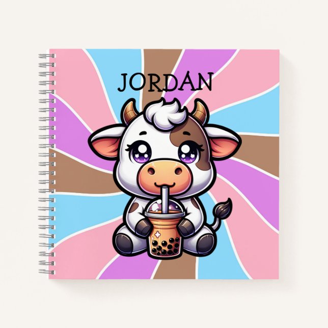 Niedliches Baby Cow trinken Boba Kawaii Cartoon Notizbuch (Vorderseite)