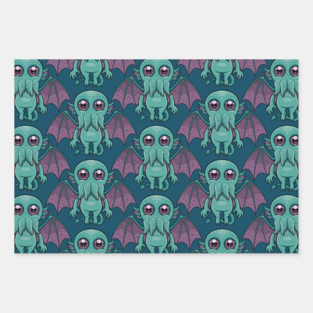 Niedliches Baby-Cthulhu-Monster Geschenkpapier Set (Vorderseite)