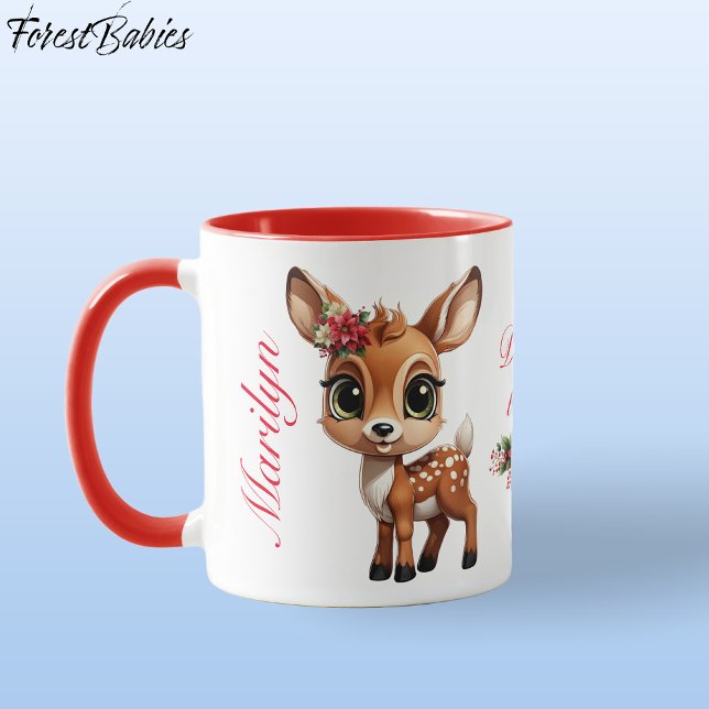 Niedliches Baby Deer, Fawn, 🦌 Hirsch 🎄 Tasse (Cute Baby Deer, Floral Fawn, Doe Lover 🦌 Poinsettia Flowers Red Deer-ly Loved ForestBabies  Mug)